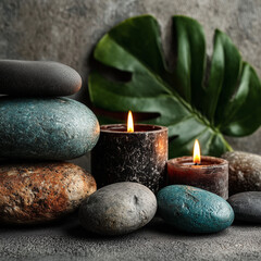 Zen Ambiance: A serene composition featuring balanced stones, flickering candles, and lush foliage, creating a tranquil atmosphere that embodies peace and harmony.