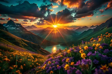 Vibrant Sunset over Mountain Lake and Wildflower Meadow