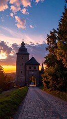 A castle gate at sunset