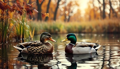 Ducks swimming together serene pond wildlife photography autumn vibes close-up nature's beauty