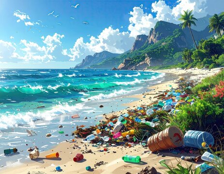 Ocean Plastic Pollution Tropical Beach Scene - Powered by Adobe