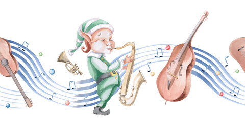 Seamless border with elf saxophonist and musical instruments. Isolated watercolor illustration for postcard design, interior, concert ticket printing, poster making.