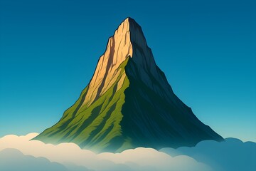 Serene stylized mountain peak above clouds; vibrant green and gold hues, minimalist design.