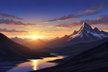 Serene Sunset over Majestic Mountains and Tranquil Lake: Digital Painting