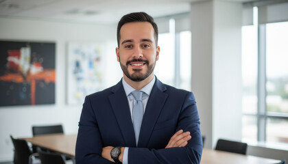 Confident leader smiling latin hispanic, middle eastern business man standing arms crossed in office looking at camera. Portrait of manager executive CEO entrepreneur