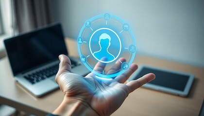Hand displays a luminous blue digital user profile interface with surrounding icons image photo