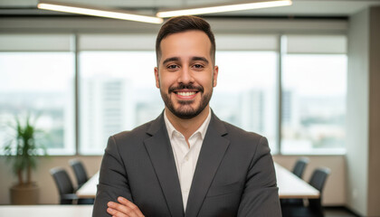 Confident leader smiling latin hispanic, middle eastern business man standing arms crossed in office looking at camera. Portrait of manager executive CEO entrepreneur