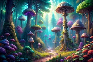 Enchanted Forest Path: Fantasy Landscape with Glowing Mushrooms and Dreamlike Atmosphere