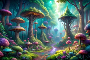 Enchanted Fantasy Forest: Colorful Giant Mushrooms, Dreamlike Stream, Magical Atmosphere