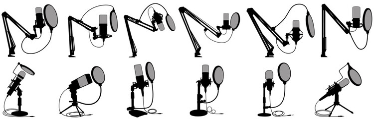 set vector Studio microphone icon. professional microphone for podcasting symbol. collections Different microphones black silhouette design vector illustration