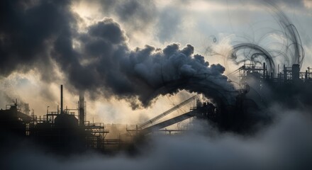 Fototapeta premium An industrial plant with smokestacks releasing thick plumes of dark smoke, contributing to air pollution.