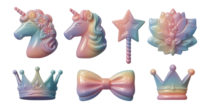 Colorful Unicorn and Fantasy Elements on Transparent Background