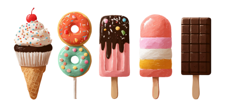 Colorful Dessert Treats with Ice Cream and Sweet Toppings on White