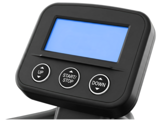 Control panel from an exercise machine with a blue digital display on a transparent background