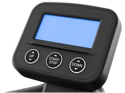 Control panel from an exercise machine with a blue digital display on a transparent background