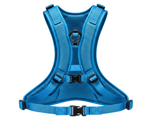 Adjustable blue mesh dog harness with black plastic buckles on a transparent background
