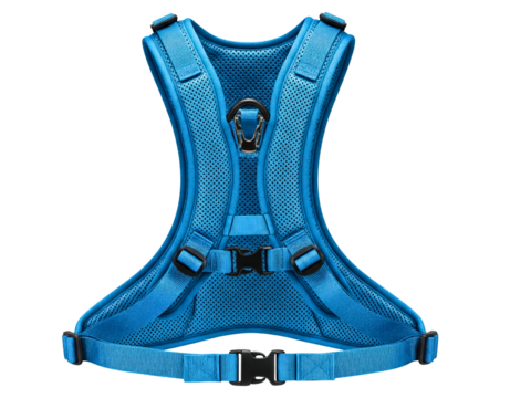 Adjustable blue mesh dog harness with black plastic buckles on a transparent background