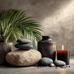 Serenity Zen Garden Still Life: This still life captures the essence of tranquility, with a balanced composition featuring smooth stones, a lit candle, a potted succulent, and palm leaves.