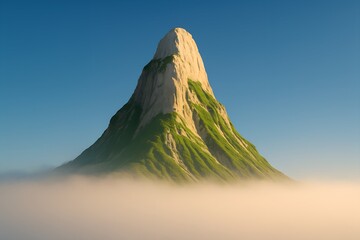Serene Green Mountain Peak Emerging from Morning Mist, Clear Blue Sky