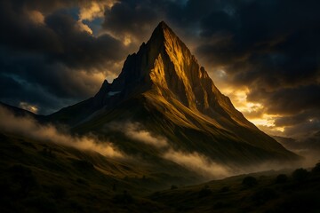Dramatic Sunrise Illuminates Majestic Mountain Peak, Misty Valley Below