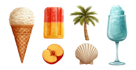 Ice Cream, Popsicle, Palm Tree, Peach, Shell, and Glass Clipart Set