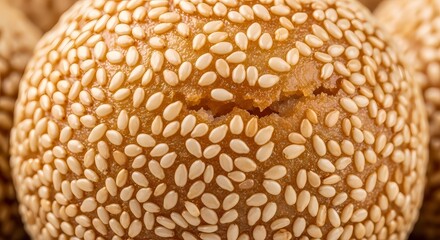 Close-up of a sesame ball, a fried pastry covered in sesame seeds, showing its textured surface and golden-brown color.