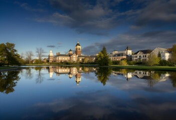 Serene Reflection: Collegiate Architecture Mirrored in Calm Waters