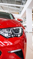 Close-up of a red car's front end in a showroom
