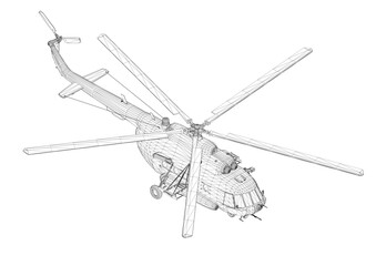 Military helicopter blueprint in detailed 3D wireframe model on white background, showcasing rotor system, fuselage structure, and landing gear components. Isometric view. 3D