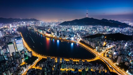 Naklejka premium 夜, シティ, 都市景観, 風景, 建築, 景色, 空, 夕焼け, 全景, タウンズ, アーバン, 光, 地平線, ビル, 旅行, 夜
