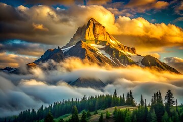 Golden Sunrise Illuminates Majestic Mountain Peak Above Clouds and Forest.