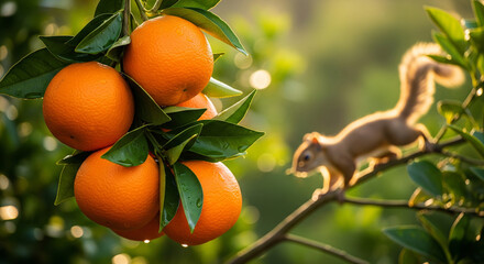 A Curious Squirrel Walking on a Branch Near a Cluster of Ripe Oranges