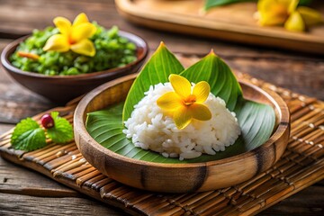 Serene Asian Cuisine: Steamed Rice Garnish, Wooden Bowl, Tropical Flower