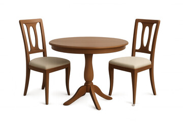 Fototapeta premium Wooden round dining table with two upholstered chairs, neutral beige tones, minimalist design for modern interior styling