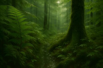 Moody Forest Stream: Lush Ferns, Mossy Tree, Dew-Kissed Greens, Tranquil Nature Scene.