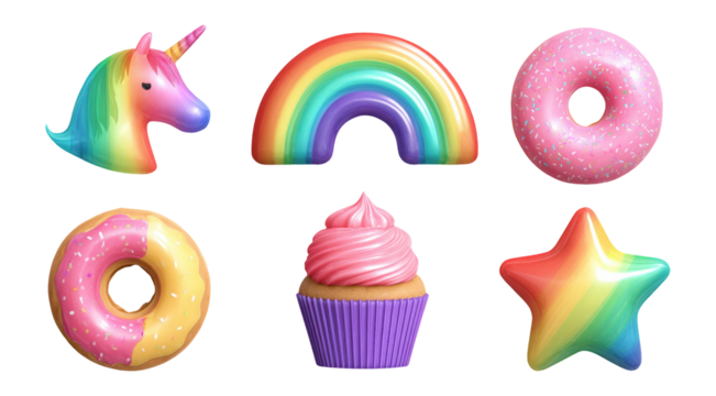 Colorful Clipart Set of Unicorn, Rainbow, Cupcake, and Donuts