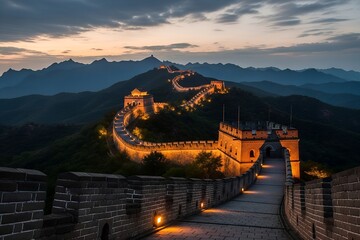 Serene Twilight View: Illuminated Great Wall of China Winding Through Majestic Mountains