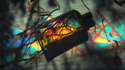 shards. Shattered sunscreen bottle refracting prismatic light with dark vines emerging through cracks. bar promotions, beverage menus, designed for product packaging and bar promotions.