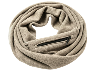 Beige infinity travel scarf with a hidden zippered security pocket on a transparent background
