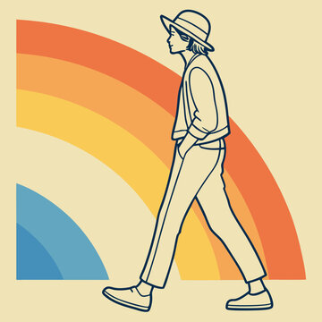 Person walking with a hat and casual clothes.