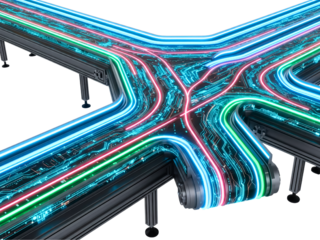 Futuristic conveyor system intersection with glowing circuit lines on a transparent background