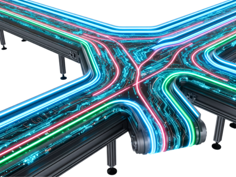 Futuristic conveyor system intersection with glowing circuit lines on a transparent background