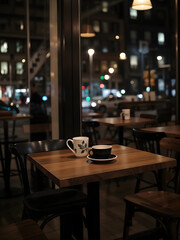 a cozy coffee shop interior at night. A table is set with two cups, and the background shows a blurred view of a city street.