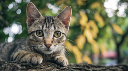 Cute gray tabby cat lying on outdoor surface curious kitten with green eyes pet portrait for animal care adoption blogs and lifestyle marketing
