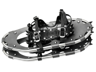 Modern lightweight snowshoes with metal crampons and bindings on a transparent background