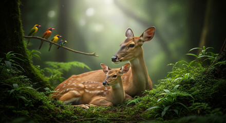 A Doe and Her Fawn Resting Together in a Lush Rainforest