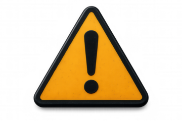 Yellow triangular warning sign displaying bold exclamation mark, signaling imminent risk against transparent backdrop