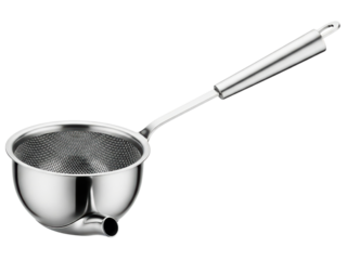 Stainless steel kitchen fat separator with a mesh strainer spout on a transparent background