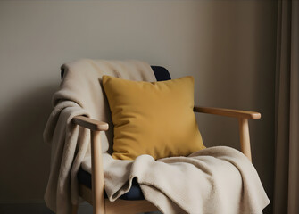 A wooden armchair is draped with a beige blanket and topped with a yellow pillow. The scene is bathed in soft, natural light.