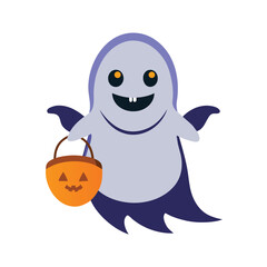 Naklejka premium Friendly ghost holding pumpkin basket halloween trick or treat